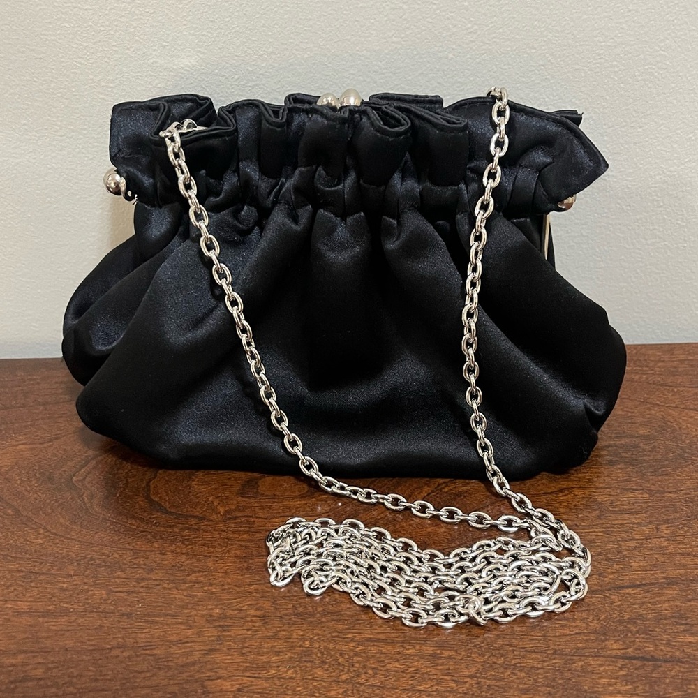 La Sera Black Satin Kisslock Mini Bag with Silver Chain Strap
